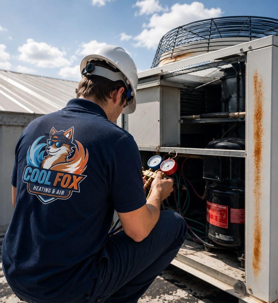 AC installation Kent technician servicing outdoor air conditioner image
