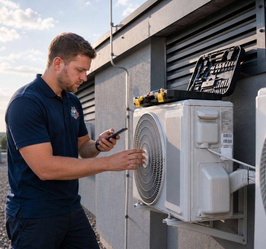 HVAC installation Redmond technician assessing outdoor equipment